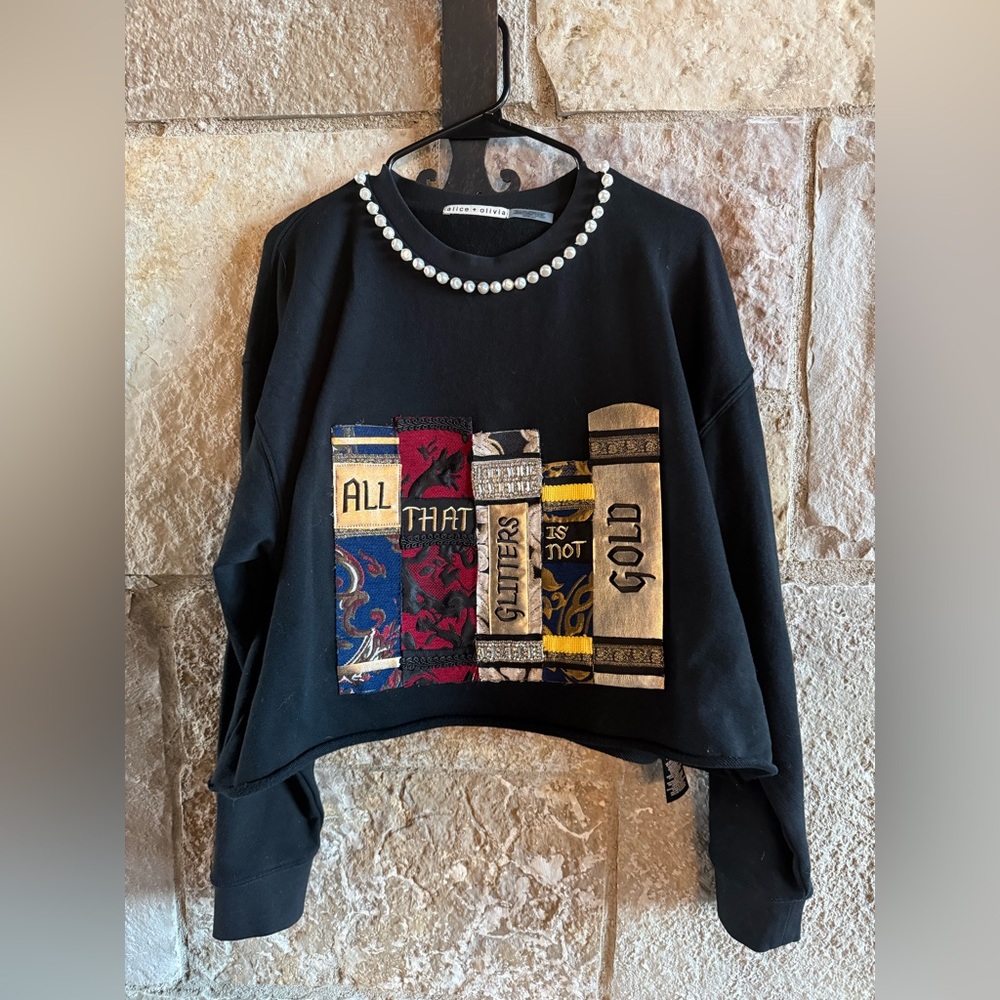 Alice + Olivia Black Crewneck Sweatshirt with Pearl Trim